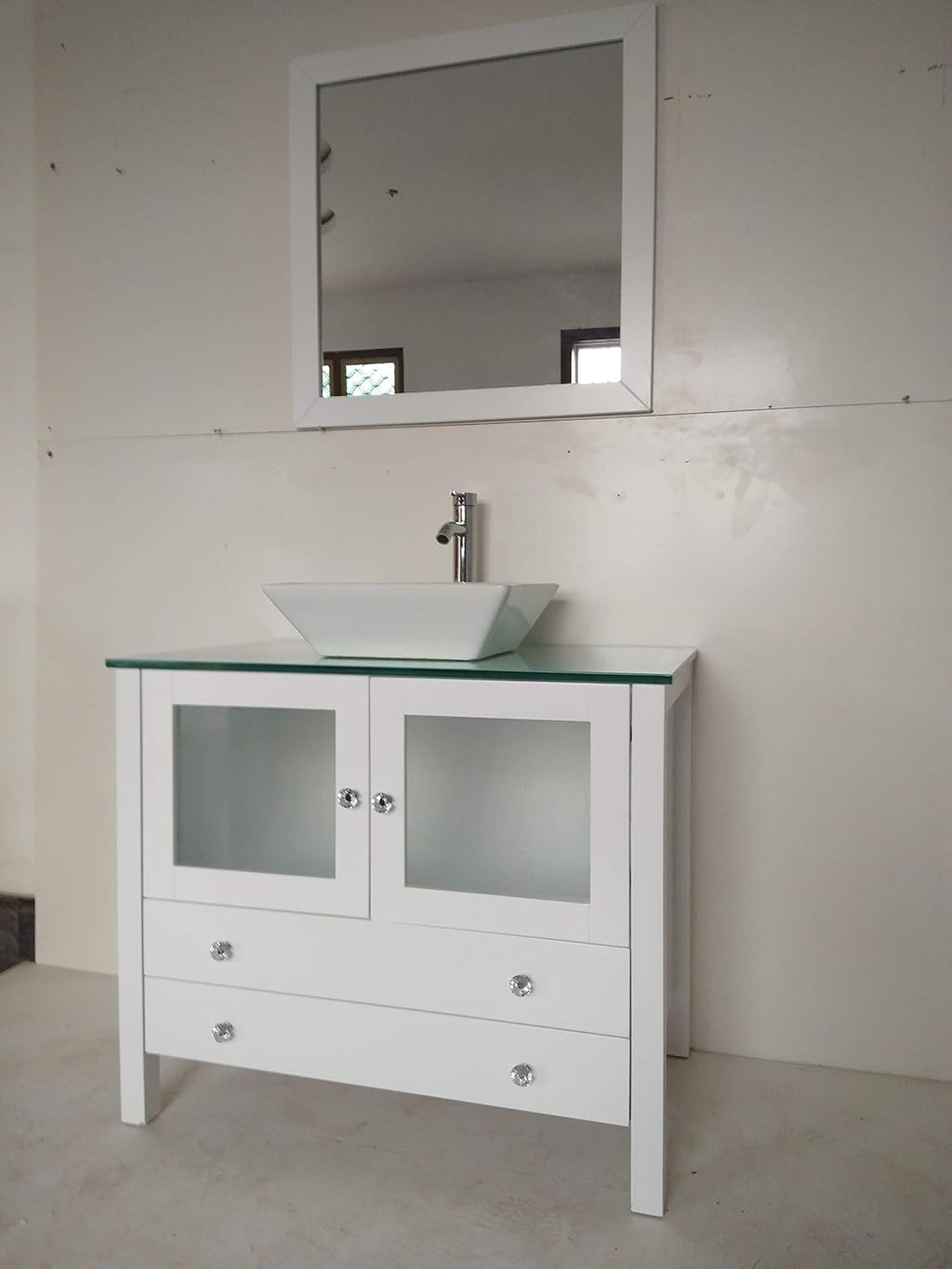 36' Freestanding Wooden Modern Bathroom Vanity Ceramic Sink Vessel Set Bathroom Mirror Included (36', White)