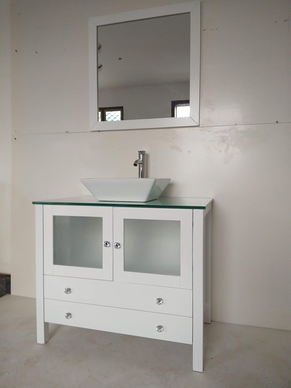 36' Freestanding Wooden Modern Bathroom Vanity Ceramic Sink Vessel Set Bathroom Mirror Included (36', White)