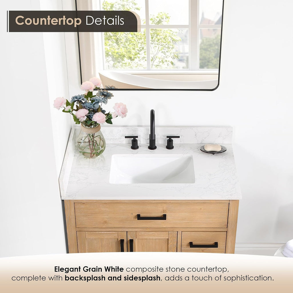 ALTAIR 36 Bathroom Vanity with Sink Mordern Freestanding Single Vanities Light Brown Large Storge Cabinet with Ceramic Countertop Pre-Assembled Sidesplash and Backsplash Included