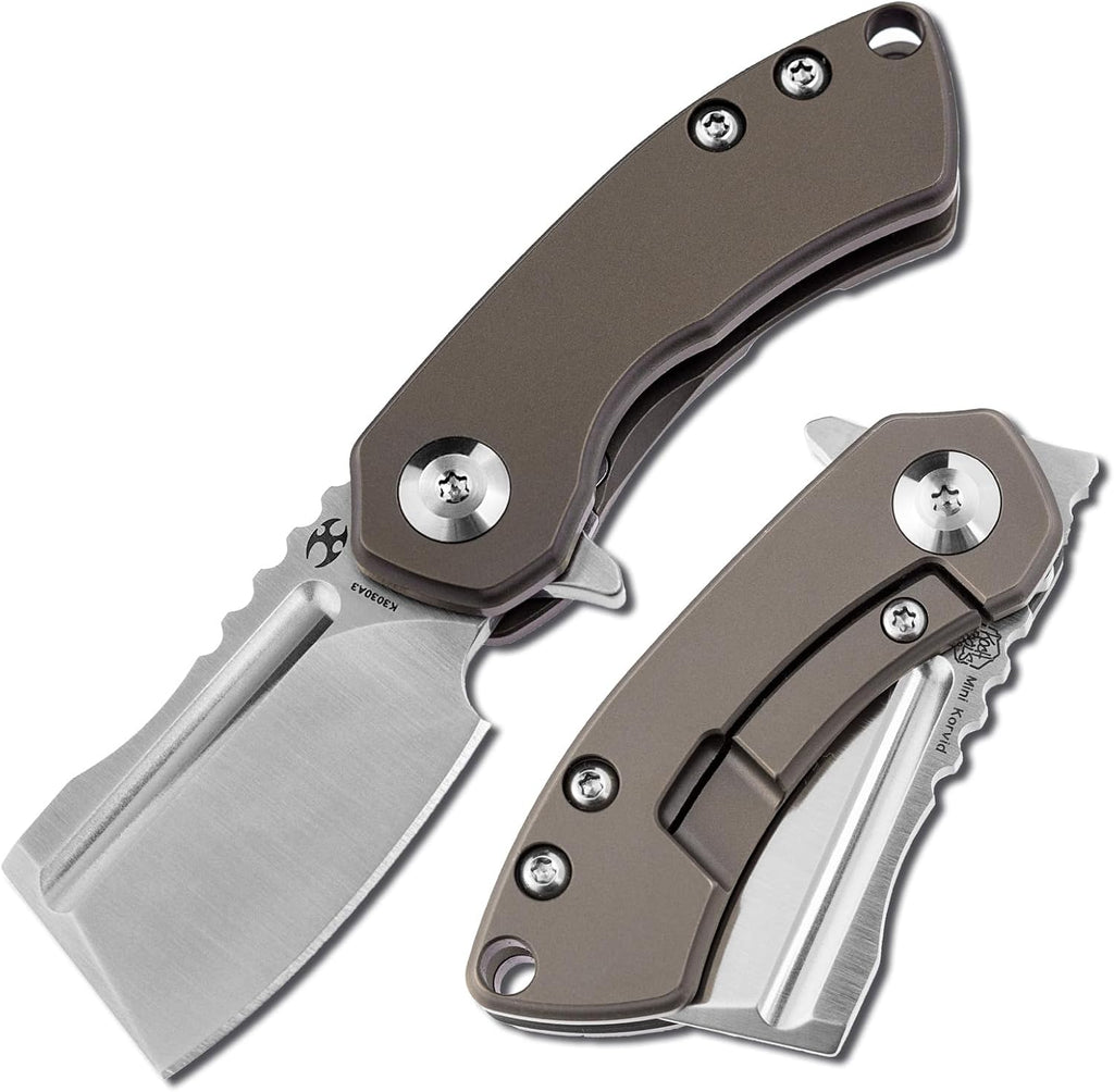 KANSEPT Knives Mini Korvid Cleaver Mini Pocket Knife for Men 1.45'' Satin CPM-S35VN Blade,Bronze Anodized Titanium Handle,EDC Folding Knife K3030A3