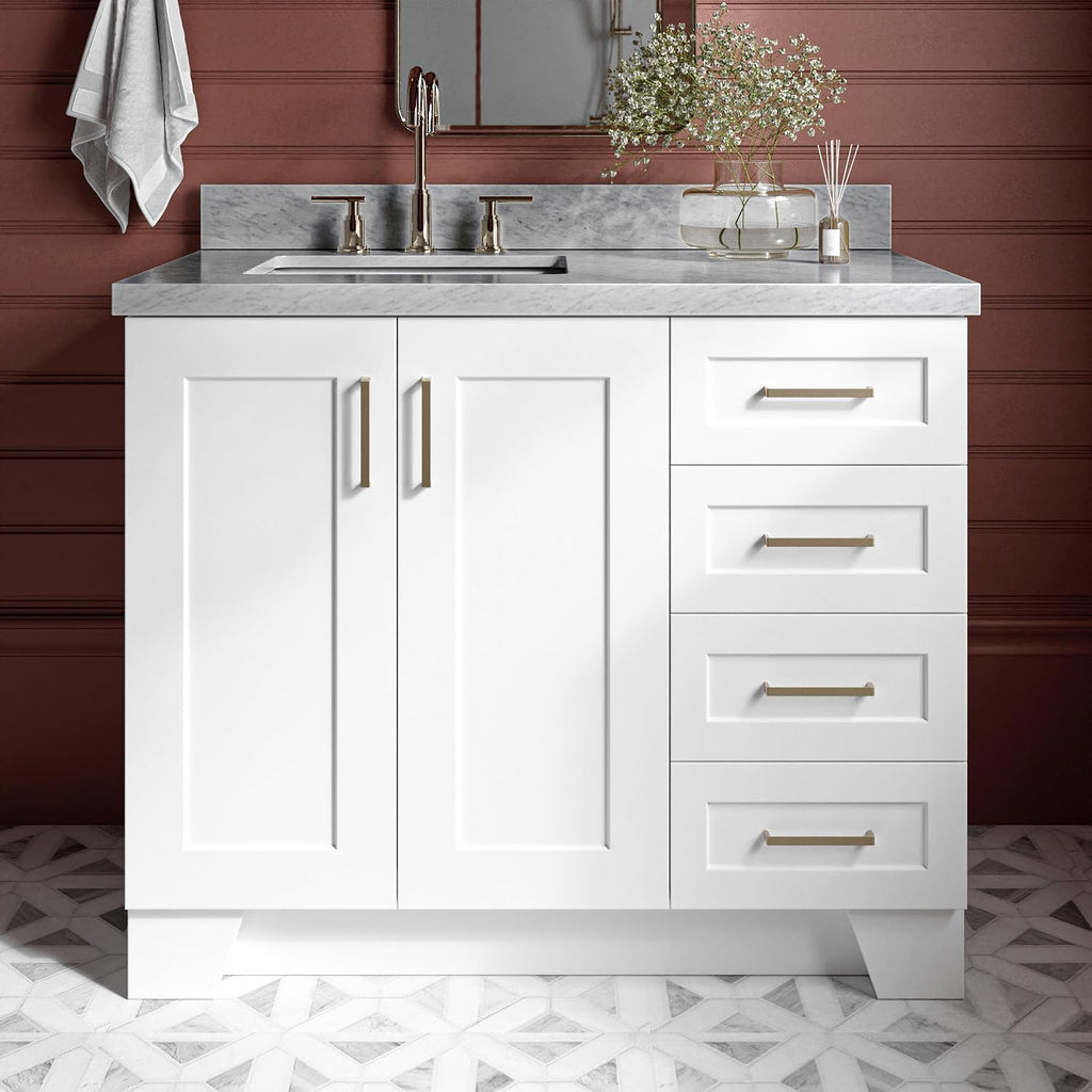 ARIEL Taylor 42-inch Bathroom Vanity with Sink,Solid Wood, 1.5-inch Italian Carrara Marble Countertop, Single Rectangular Porcelain Sink, 2 Soft Closing Doors, 5 Dovetail Drawers, White
