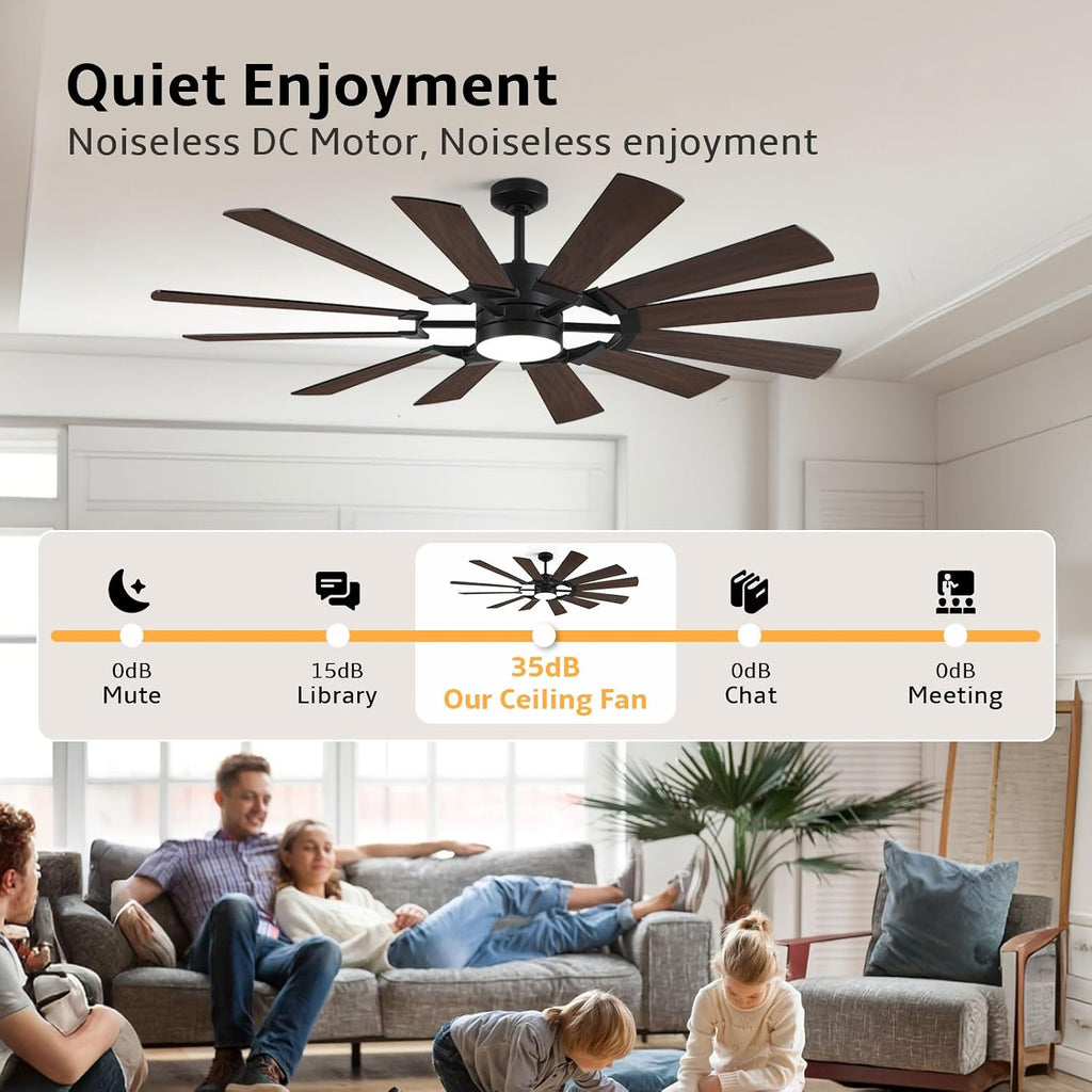 72 Inch Black Ceiling Fan with Light, 12 Dual-finish Blades Large Outdoor Ceiling Fan, Modern Industrial Cieling Fan with Reversible DC Motor, 3CCT, Dimmable LED for Garage, Patio, Indoor, Outdoor