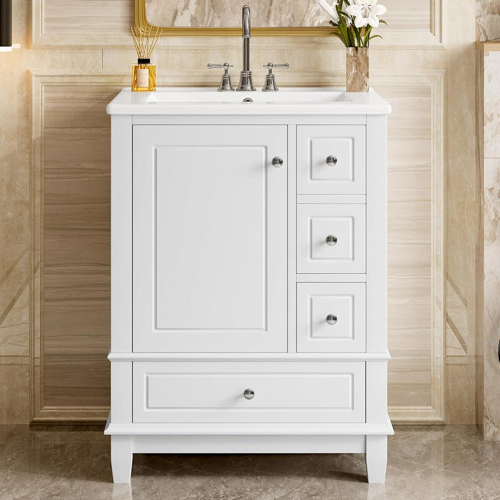 Mirightone 24' Vanity with Sink, Small Bathroom Vanities 24 Inch with Sink, Single Sink Bathroom Vanity with Door Shelf and Three Drawers, Restroom Vanity with Sink Top (White)