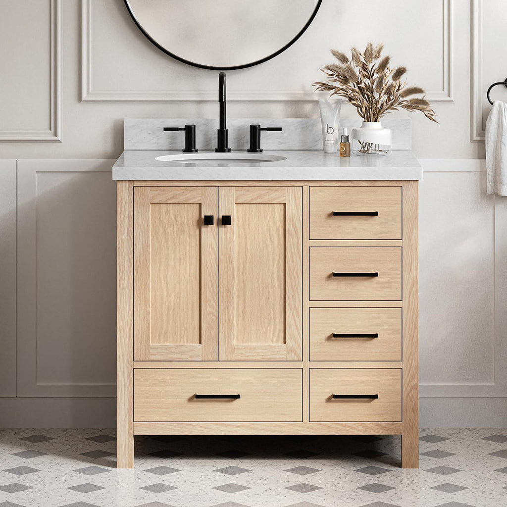 DKB Beckford 36-Inch Oak Single Bathroom Vanity with Sink, Italian Carrara Marble Countertop & 4' Backsplash, Soft Closing Door & Drawer, Matte Black Hardware