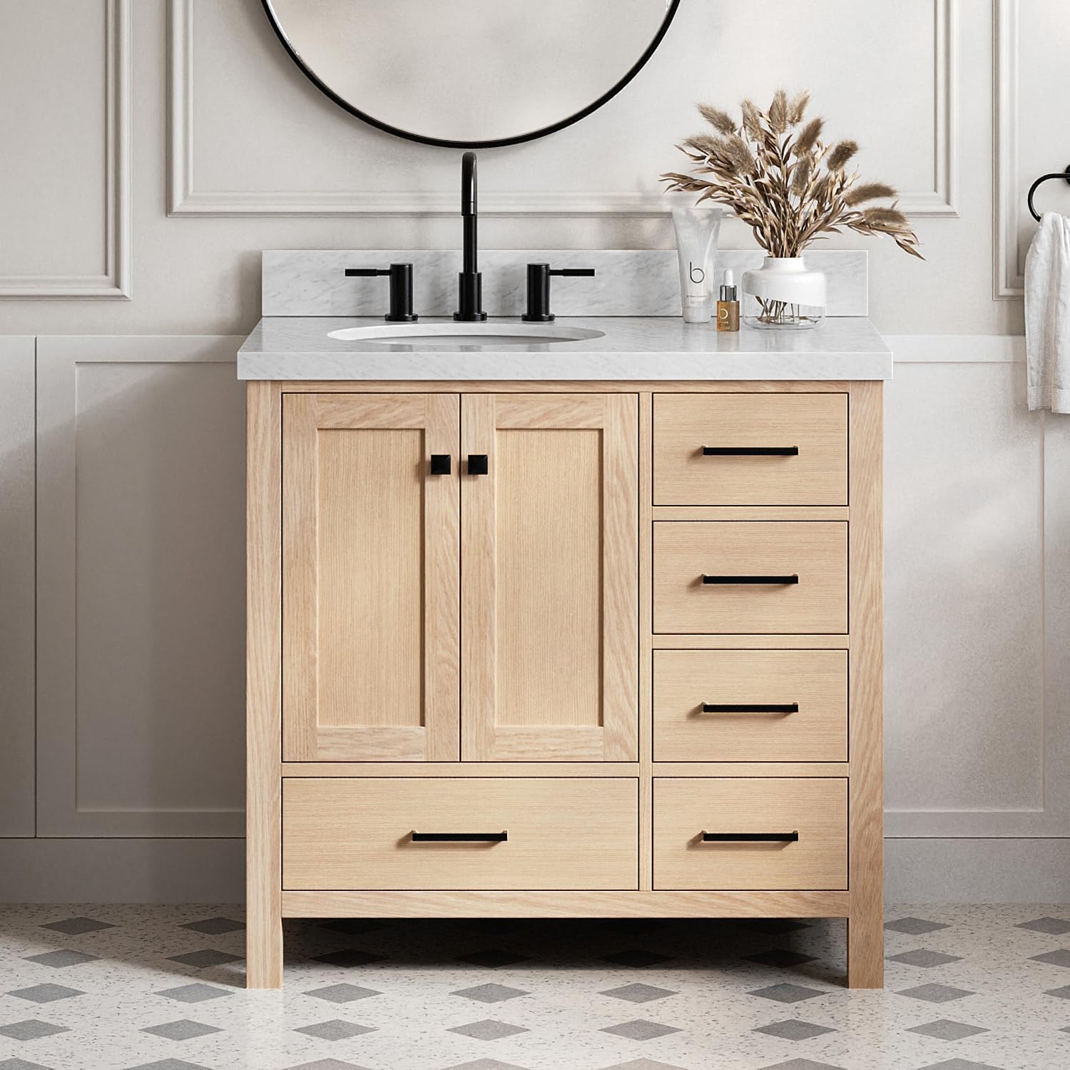 DKB Beckford 36-Inch Oak Single Bathroom Vanity with Sink, Italian Carrara Marble Countertop & 4' Backsplash, Soft Closing Door & Drawer, Matte Black Hardware