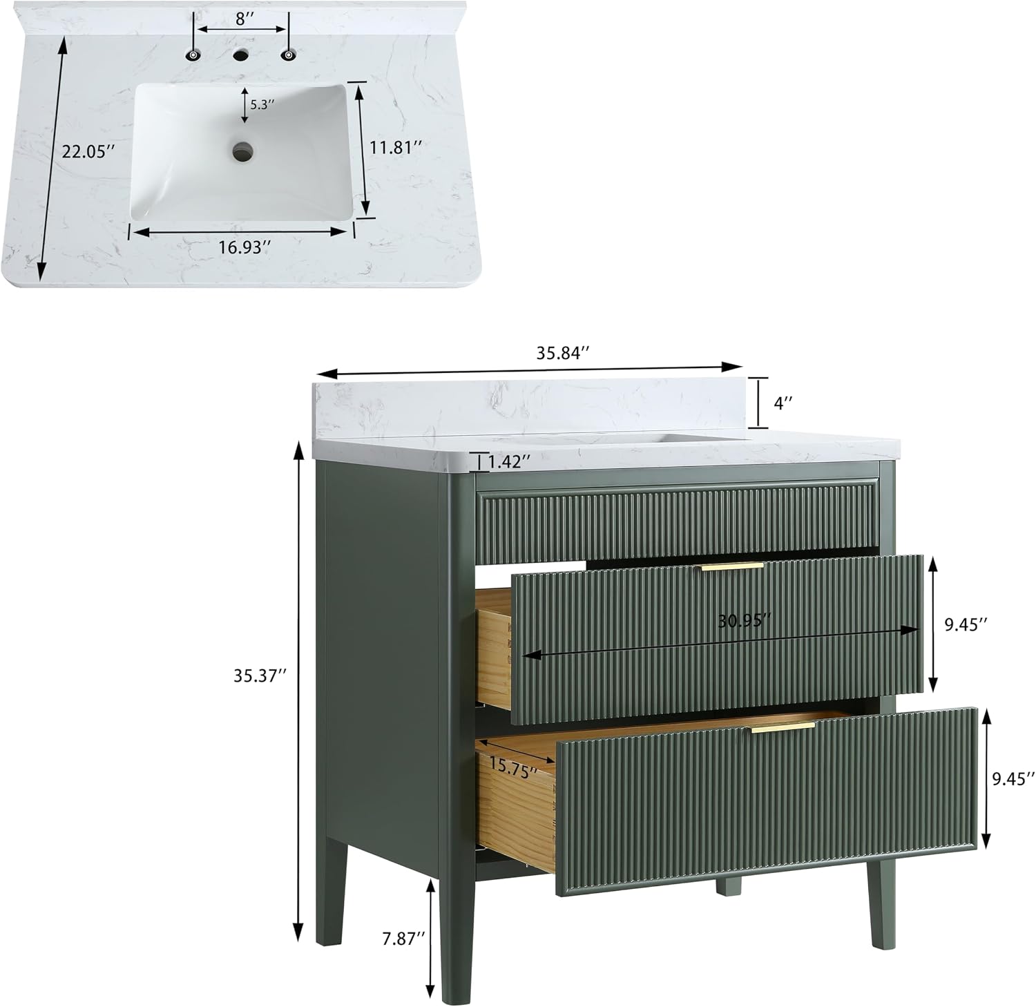 KEIKI 36' Freestanding Bathroom Vanity with Sink,Wood Storage Cabinet with 2 Handle Sets and Engineered Marble Top