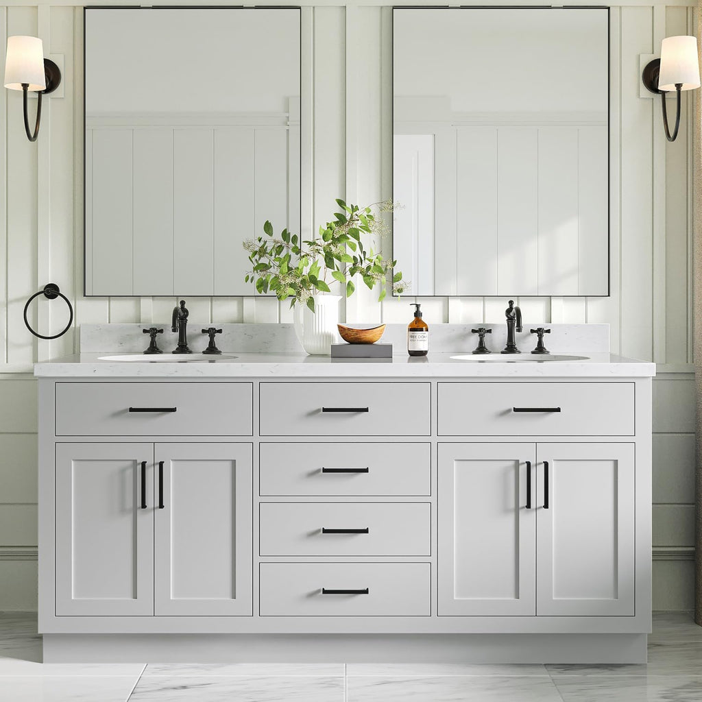 ARIEL Hepburn 72-inch Bathroom Vanity with Sink,Solid Wood, 1.5-inch Carrara White Quartz Countertop & Backsplash, Double Oval Porcelain Sink, 4 Soft Closing Doors, 6 Dovetail Drawers, Grey
