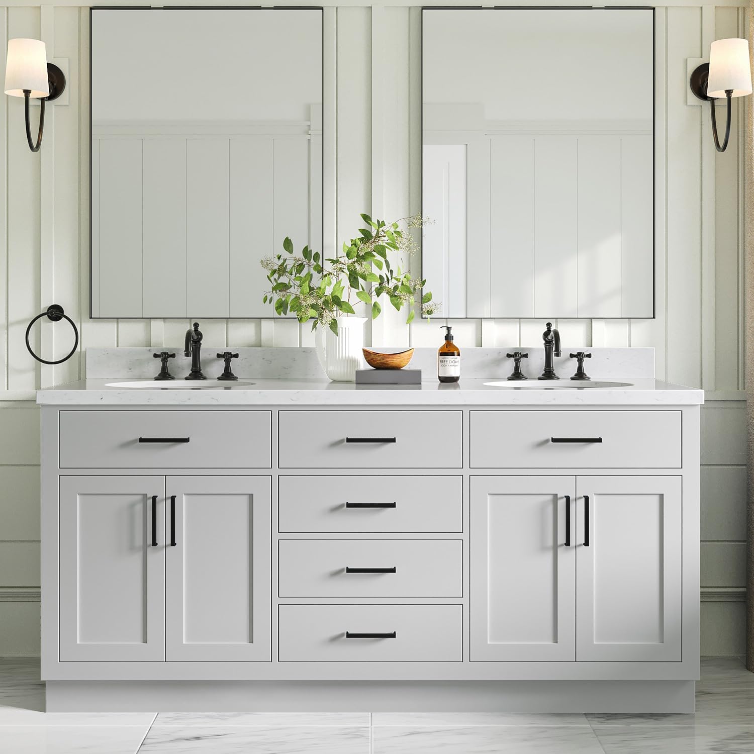 ARIEL Hepburn 72-inch Bathroom Vanity with Sink,Solid Wood, 1.5-inch Carrara White Quartz Countertop & Backsplash, Double Oval Porcelain Sink, 4 Soft Closing Doors, 6 Dovetail Drawers, Grey