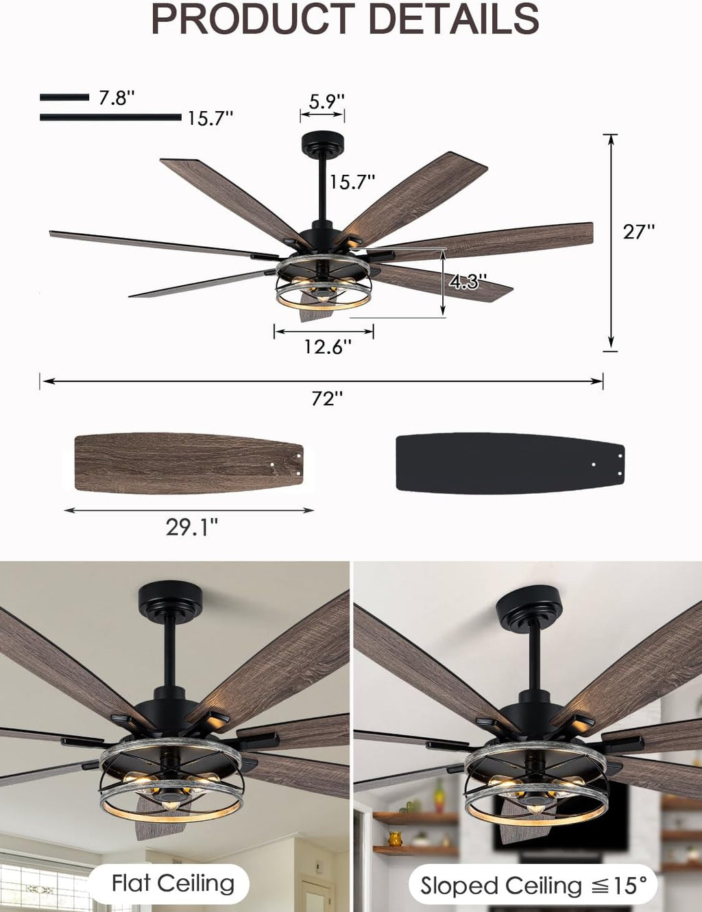 72' Ceiling Fan with Lights and Remote Control, Farmhouse Rustic Caged Ceiling Fan Light Fixture with Double Finish Wood Blades for Bedroom Living Room Kitchen