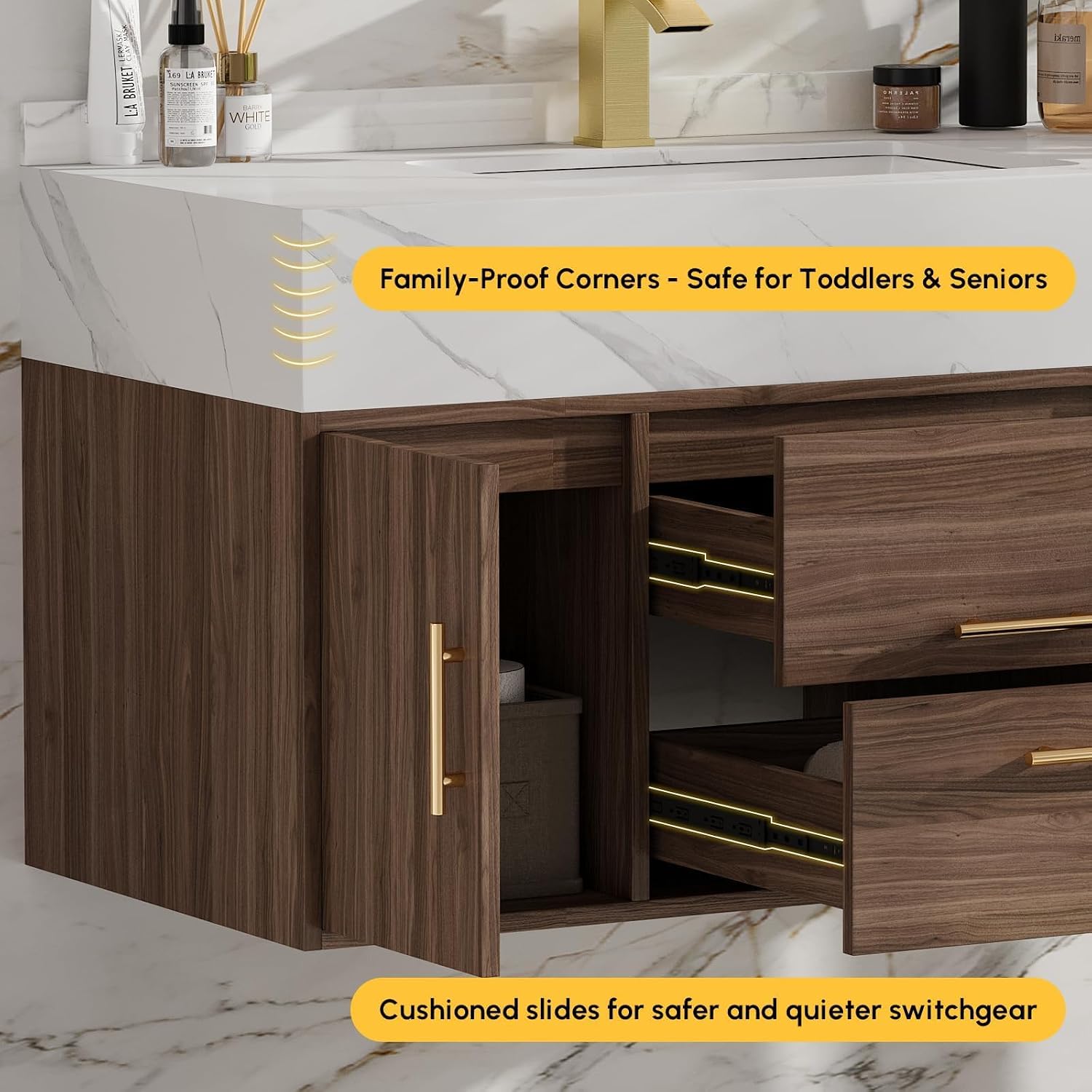 homary 39.4 inch Floating Bathroom Vanity with Single Sink, Modern Design with Sintered Stone Top & Undermount Sink, 2 Soft-Close Drawers for Master & Guest Bathrooms, Walnut