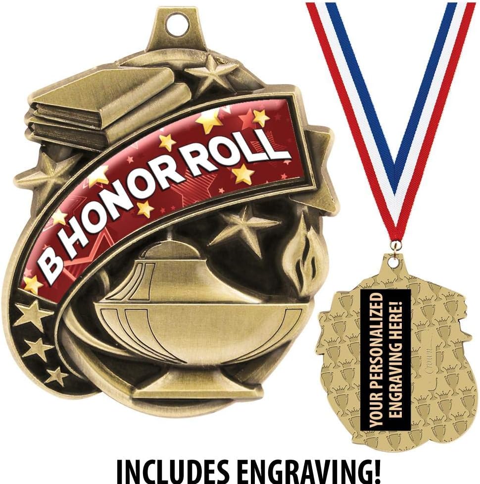 B Honor Roll Medals - 1 1/2' Gold B Honor Roll Medal, Great Academic Awards with Custom Engraving Prime