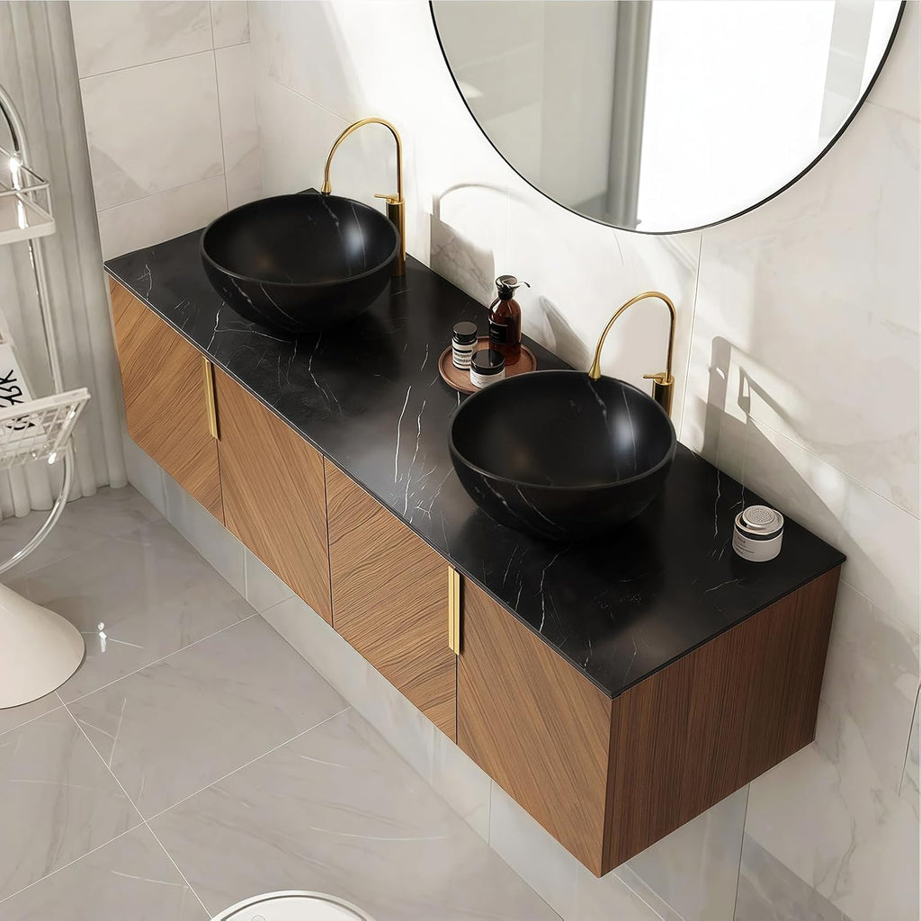LKTART 60 Inch Bathroom Vanity Double Sink, Double Sink Bathroom Vanity with Black Bowl Ceramic Basins, 4 Doors Modern Wall Mounted Bathroom Storage Cabinet, Black Sintered Stone Countertop, Brown