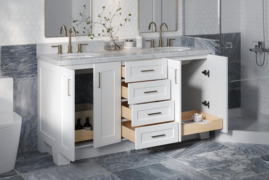 ARIEL Taylor 66-inch Bathroom Vanity with Sink,Solid Wood, 1.5-inch Italian Carrara Marble Countertop & Backsplash, Double Oval Porcelain Sink, 4 Soft Closing Doors, 5 Dovetail Drawers, White