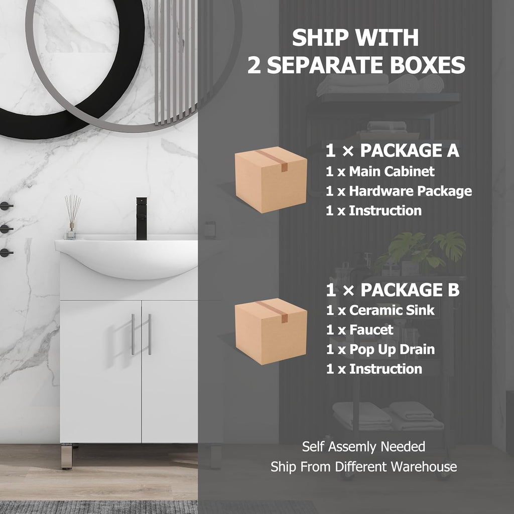 LUCKWIND 24 Inch White Laundry Sink Cabinet Set with Ceramic Belly Bowl Sink and Faucet - Bathroom Vanity Combo, Ceramic Utility Sink for Laundry, Utility Room, Bathroom, Kitchen