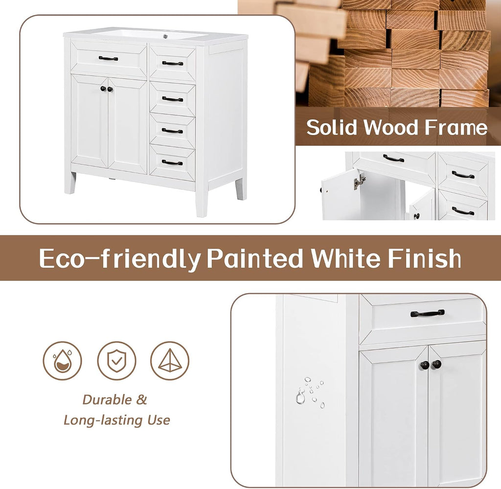 36' Vanity with Sink, Bathroom Vanity witn Sink Top, 36 Inch Single Sink Bathroom Vanty with3 Drawers and 2 Doors (White)