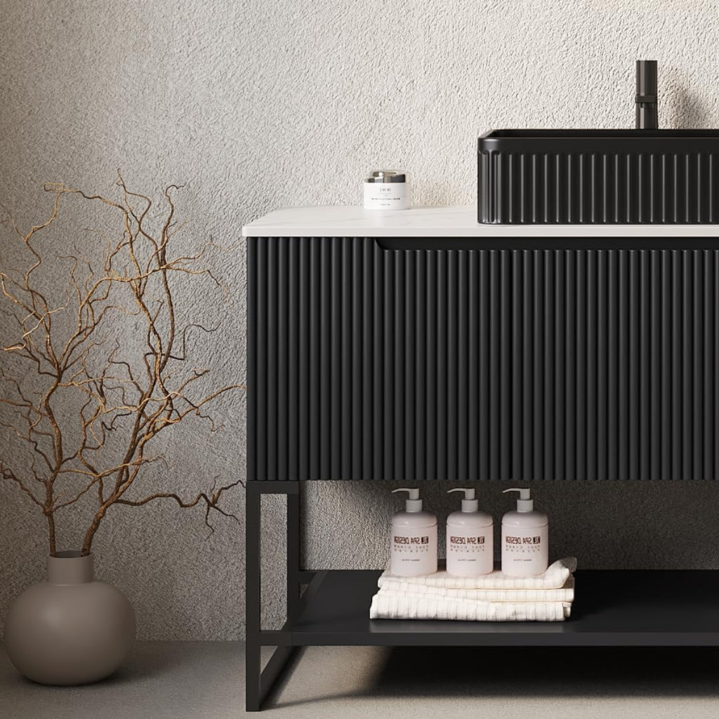 48' Black Bathroom Vanity with Rectangular Ceramic Basin & Marble Top, Freestanding Bathroom Storage Cabinet with 3 Doors and Open Shelf, Modern Single Sink Bathroom Vanities with Soft Close System