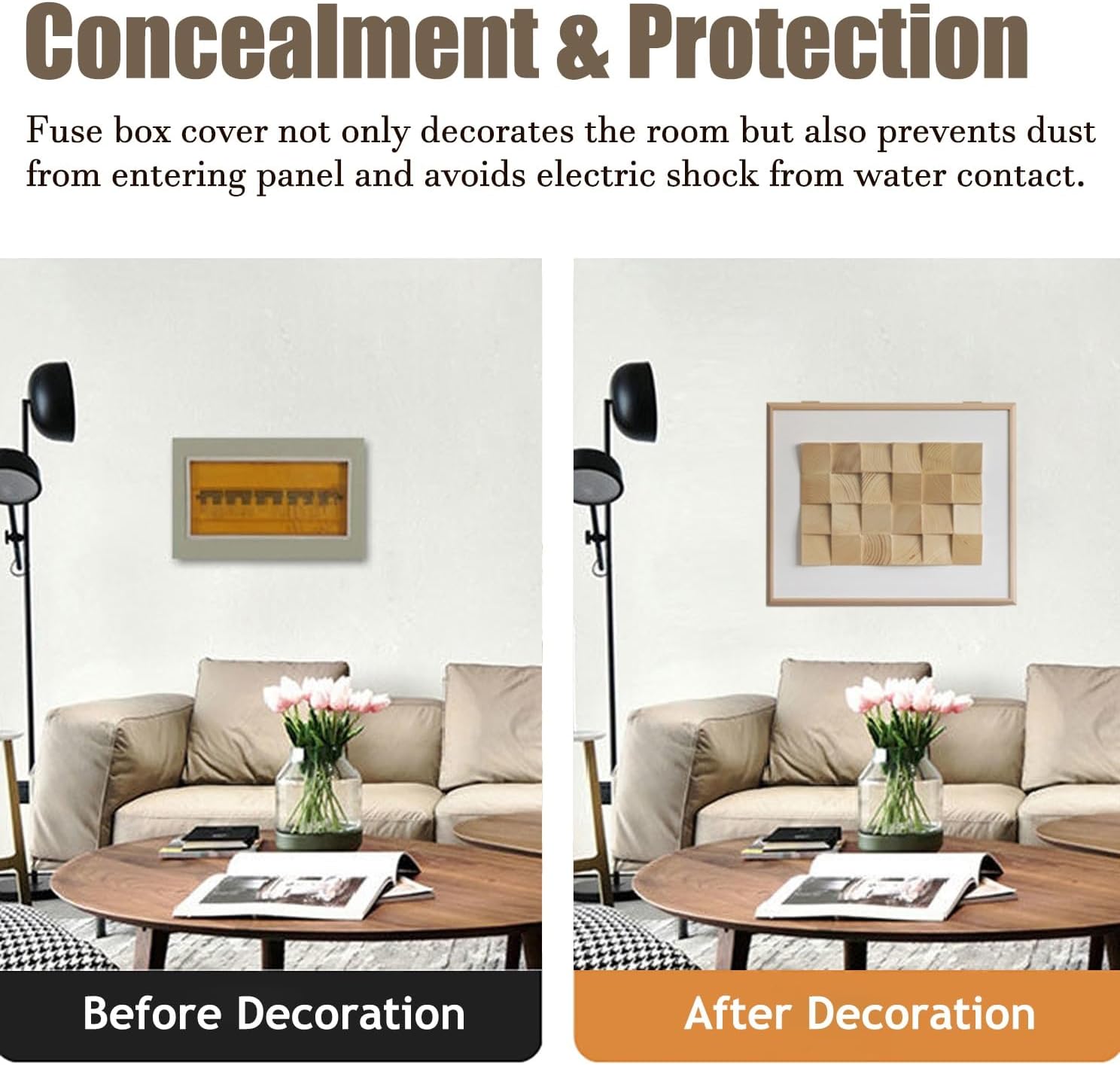 Electrical Panel Cover Decorative Fuse Box Covers Wooden Frame, Wood Block Art Electrical Panel Cover for Home, Flip Cover Distribution Cover with Expansion Screw(White,60 x 40CM-23 5/8 X 15 3/4')