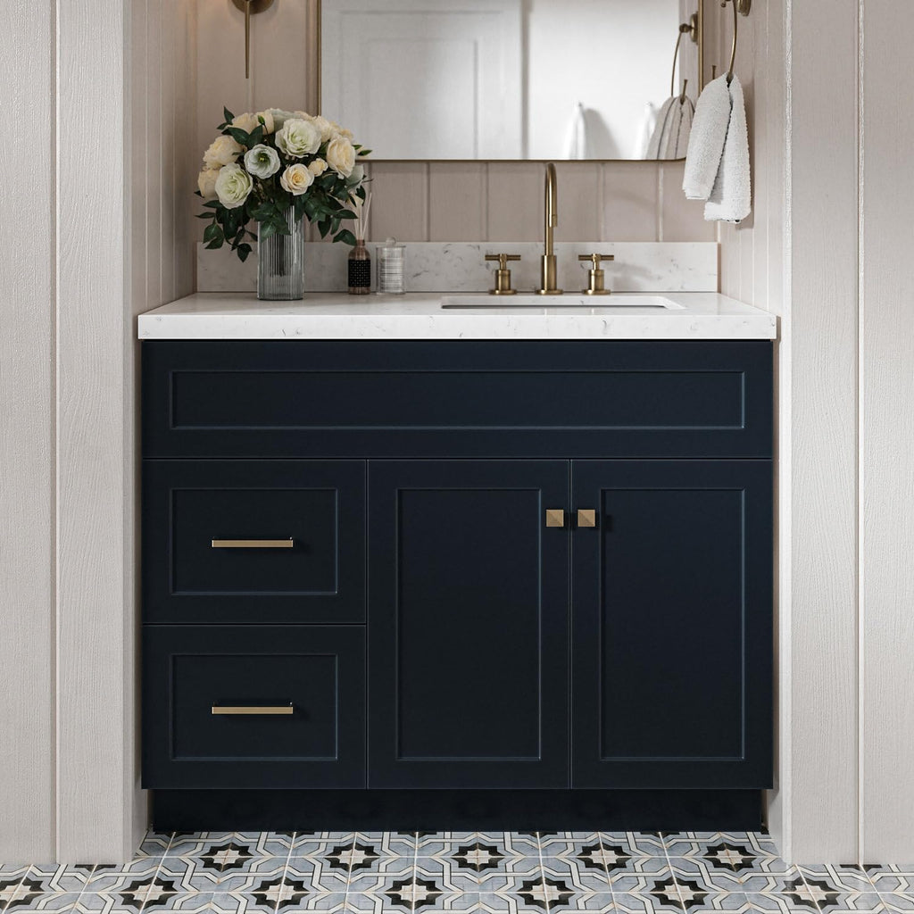 DKB Bradford 42-Inch Midnight Blue Single Bathroom Vanity with Right Rectangular Sink, 1.5' Carrara Quartz Countertop, Solid Wood Frame, Soft Closing Doors & Drawers, Toe Kick, Brushed Nickel