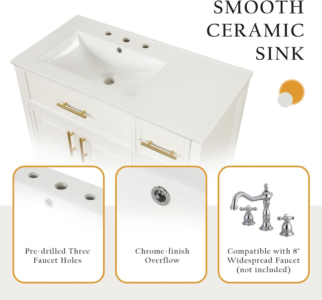LUMISOL 36' Bathroom Vanity with Offset Sink, Freestanding Bathroom Sink Cabinet with 3 Drawers & 2 Doors, Solid Wood Bathroom Vanity with Offset Ceramic Sink, White