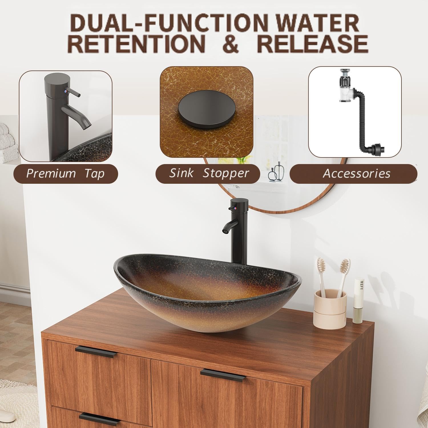 EROMMY 30 Inch Bathroom Vanity with Sink Combo, Bathroom Vanity with 3 Soft-Close Drawers, Adjustable Shelf & Boat Glass Sink, Rustic Standing Bathroom Cabinet Includes Water Tap & Sink Accessories