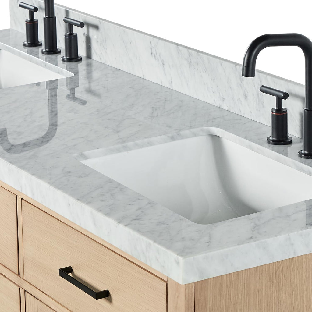 ARIEL Hepburn 66-inch Bathroom Vanity with Sink,Solid Wood, 1.5-inch Italian Carrara Marble Countertop, Double Rectangular Porcelain Sink, 4 Soft Closing Doors, 6 Dovetail Drawers, White Oak