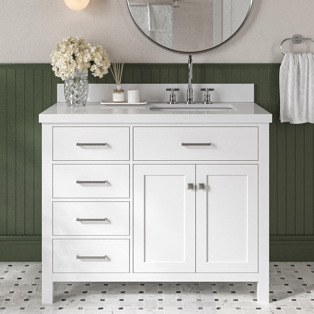 DKB Alenza 42-Inch White Single Bathroom Vanity with Right Rectangular Sink, 1.5' Pure White Quartz Countertop, 2 Soft Closing Doors, 4 Full Extension Dovetail Drawers, Polished Chrome
