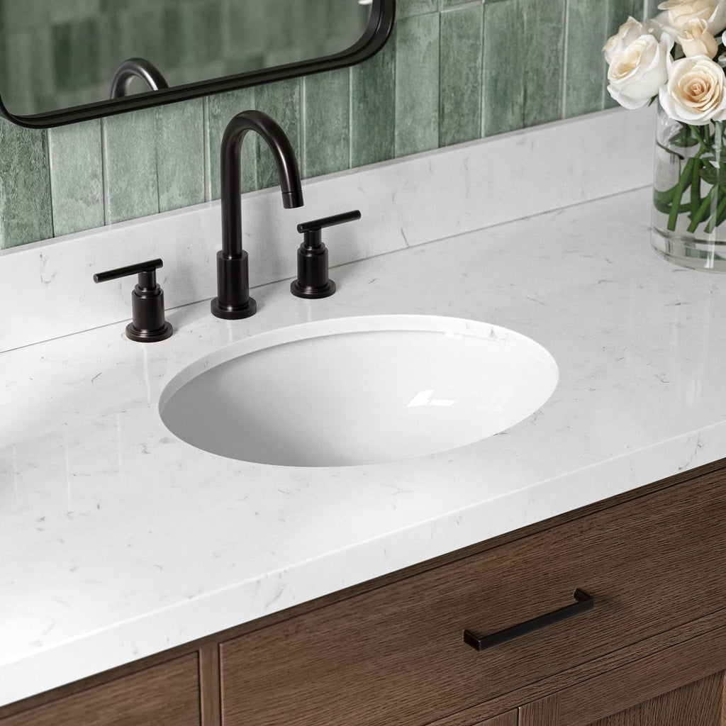 ARIEL Hepburn 66-inch Bathroom Vanity with Sink,Solid Wood, 1.5-inch Carrara White Quartz Countertop & Backsplash, Single Oval Porcelain Sink, 2 Soft Closing Doors, 9 Dovetail Drawers, Brown Oak