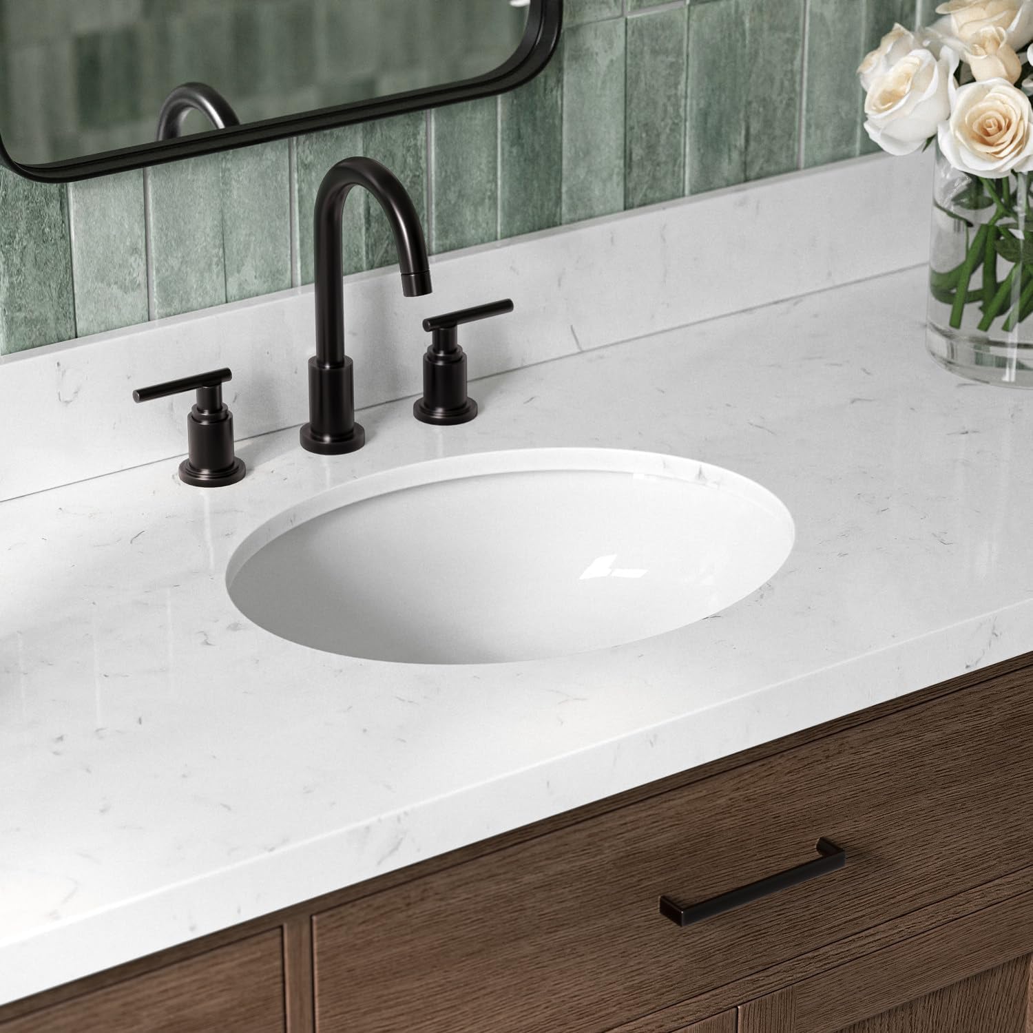 ARIEL Hepburn 66-inch Bathroom Vanity with Sink,Solid Wood, 1.5-inch Carrara White Quartz Countertop & Backsplash, Single Oval Porcelain Sink, 2 Soft Closing Doors, 9 Dovetail Drawers, Brown Oak