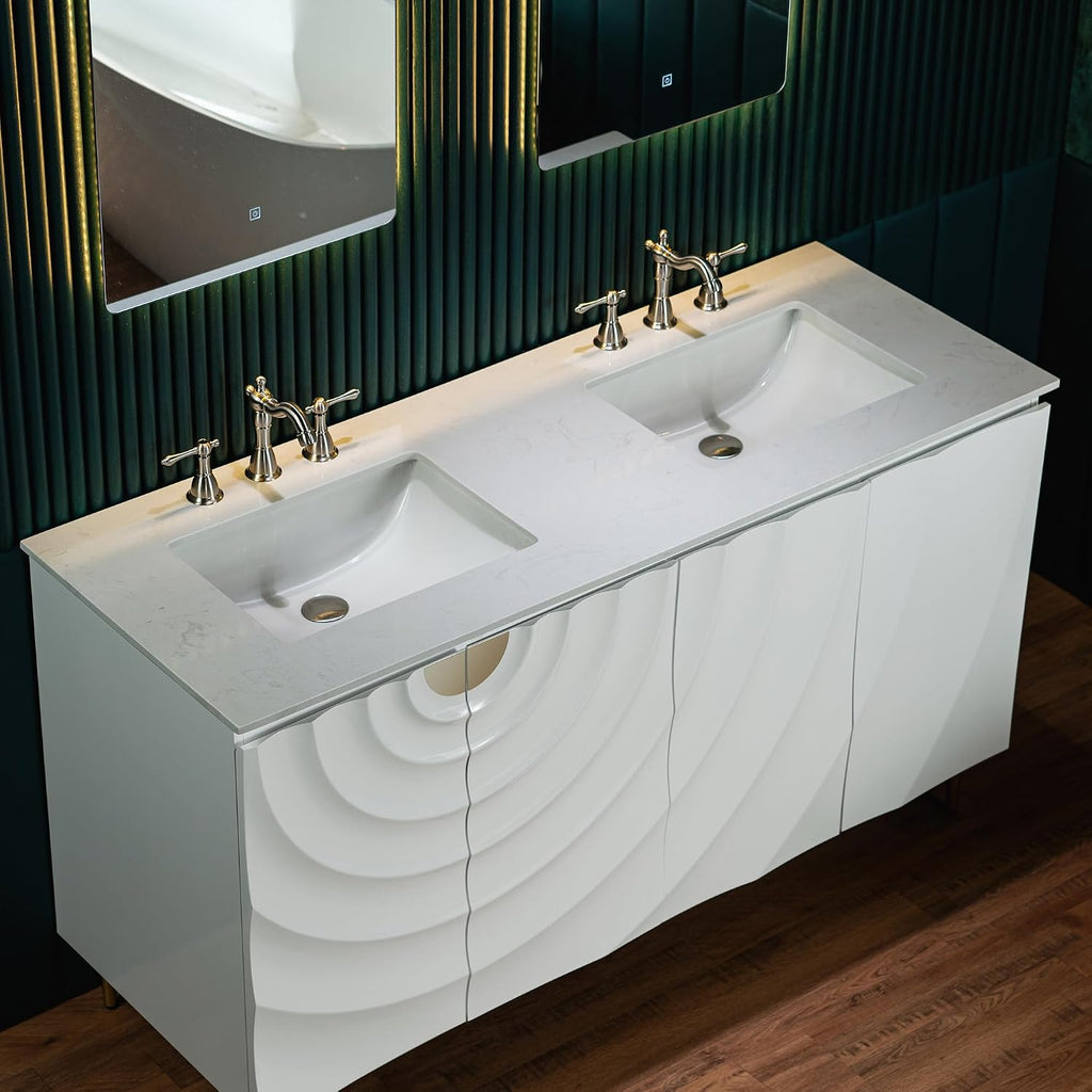Woodbridge 60'x22' Bathroom Vanity with Double Ceramic Undermount Sinks, White Engineered Stone Top,3D Wave Pattern Cabinet Doors, Sleek Thin Legs,Glossy White Finish for a Clean, Modern Look