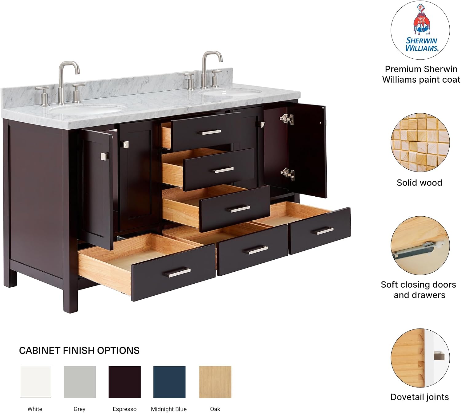 DKB Beckford 66' Espresso Double Bathroom Vanity with 1.5' Edge Italian Carrara Marble Countertop, 2 Oval Undermount Sinks, 4 Soft Closing Doors, 6 Dovetail Drawers