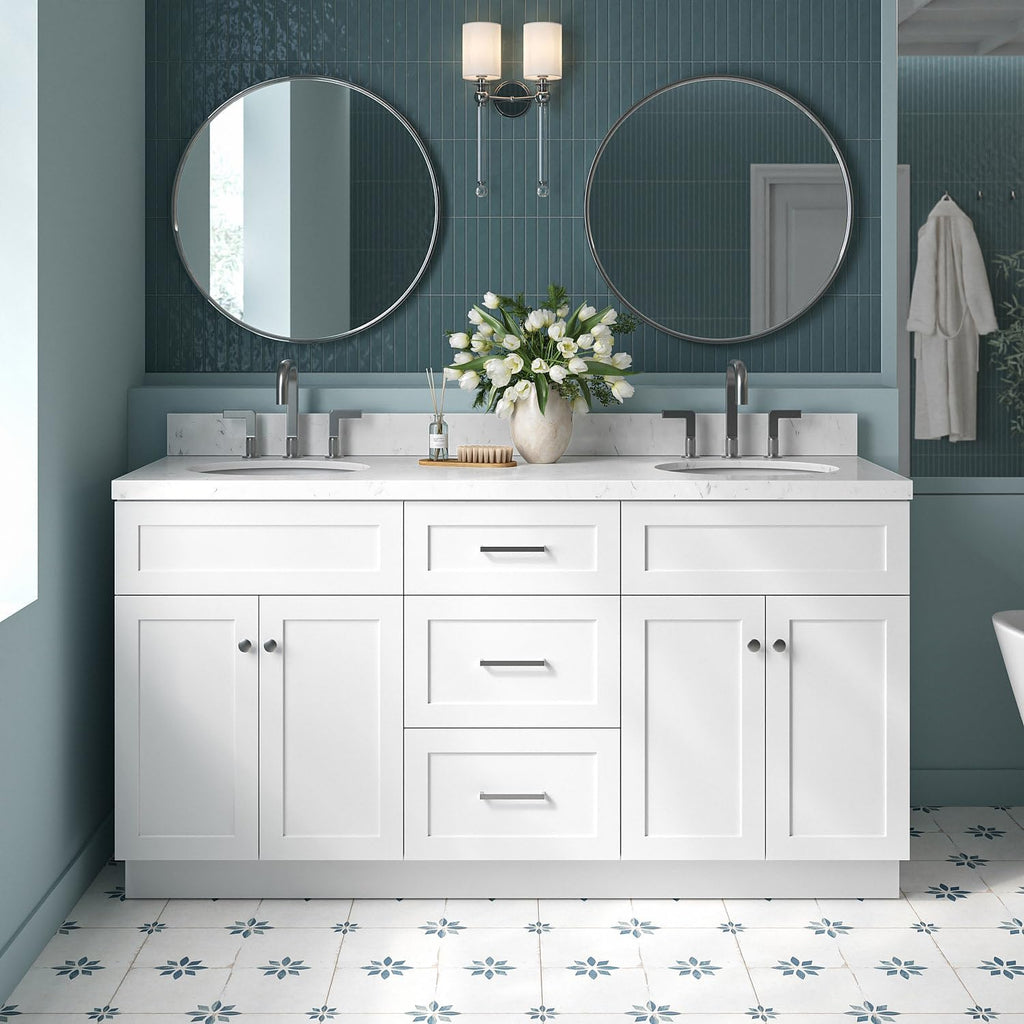 ARIEL Hamlet 66-inch Bathroom Vanity with Sink,Solid Wood, 1.5-inch Carrara White Quartz Countertop & Backsplash, Double Oval Porcelain Sink, 4 Soft Closing Doors, 3 Dovetail Drawers, White