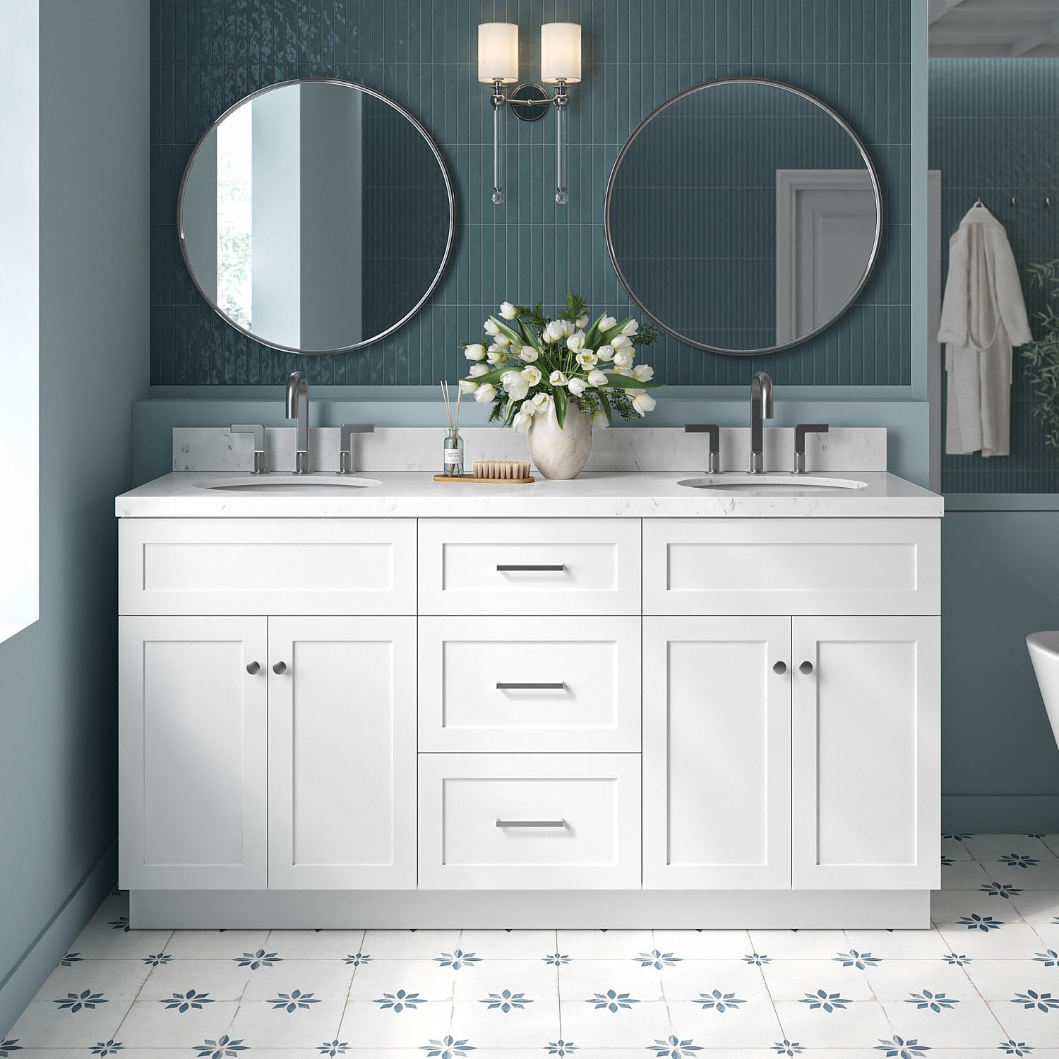ARIEL Hamlet 66-inch Bathroom Vanity with Sink,Solid Wood, 1.5-inch Carrara White Quartz Countertop & Backsplash, Double Oval Porcelain Sink, 4 Soft Closing Doors, 3 Dovetail Drawers, White