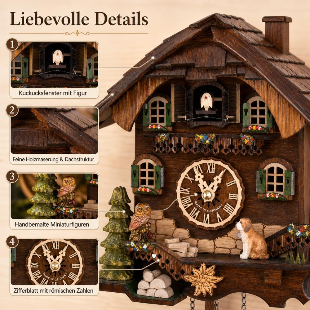 Cuckoo-Palace Saint Bernard Chalet Cuckoo Clock – 32 cm Quartz Clock, Traditional Black Forest House Design, Brown