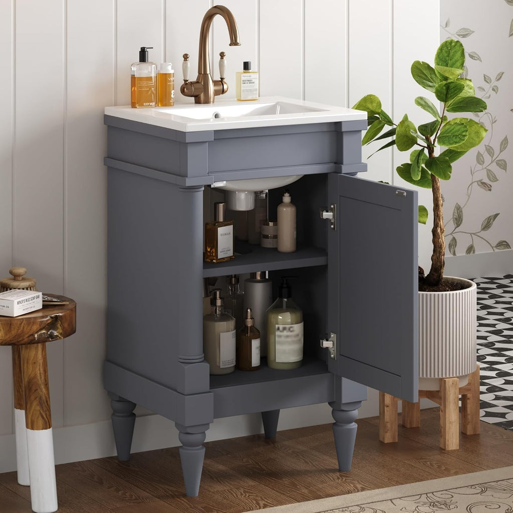 VilroCaz Modern 18'' Bathroom Vanity with Top Sink, Freestanding Bathroom Storage Cabinet with Door and Adjustable Shelf, Single Sink Cabinet with Nordic Style Legs (Gray-Retro)