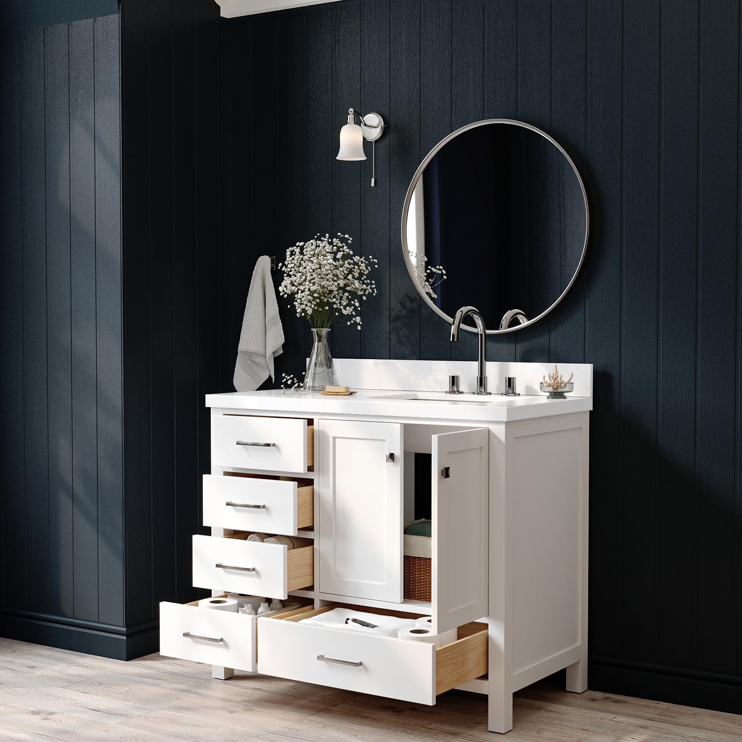 ARIEL Cambridge 42-inch Bathroom Vanity with Sink,Solid Wood, 1.5-inch Pure White Quartz Countertop & Backsplash, Single Rectangular Porcelain Sink, 2 Soft Closing Doors, 5 Dovetail Drawers, White