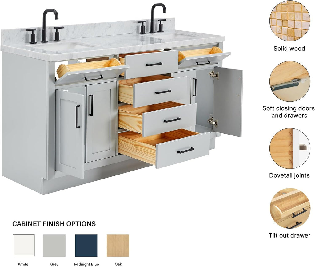ARIEL Hepburn 66-inch Bathroom Vanity with Sink,Solid Wood, 1.5-inch Italian Carrara Marble Countertop, Double Rectangular Porcelain Sink, 4 Soft Closing Doors, 6 Dovetail Drawers, Grey