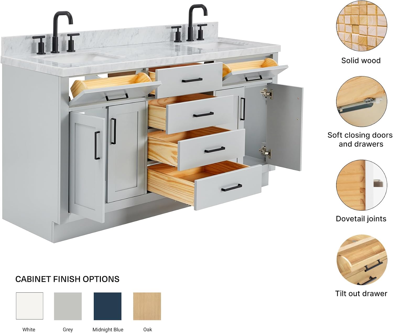 ARIEL Hepburn 66-inch Bathroom Vanity with Sink,Solid Wood, 1.5-inch Italian Carrara Marble Countertop, Double Rectangular Porcelain Sink, 4 Soft Closing Doors, 6 Dovetail Drawers, Grey