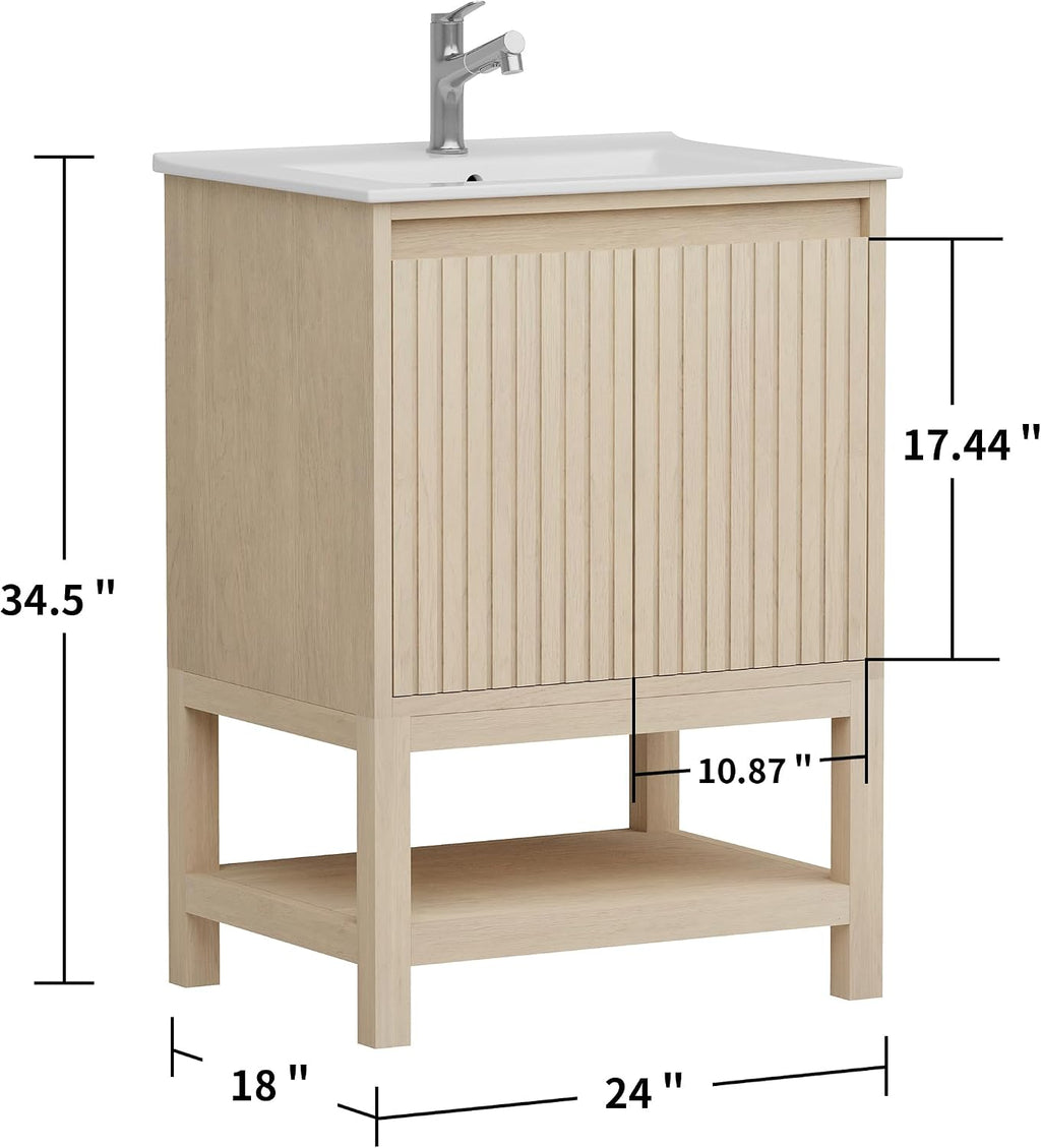 TILE & TOP Bathroom Vanity Set with Top, Sink and Backsplash, Solid Wood, Soft-Close Drawers, 1 Open Shelf, Adjustable Feet, Customer Support. (Coastal Oak, 24' Freestanding)