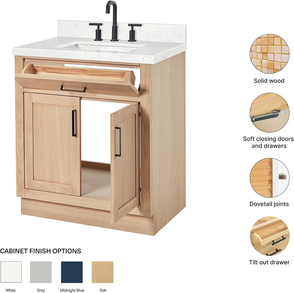 ARIEL Hepburn 30-inch Bathroom Vanity with Sink,Solid Wood, 1.5-inch Carrara White Quartz Countertop, Single Rectangular Porcelain Sink, 2 Soft Closing Doors, 1 Dovetail Drawers, White Oak