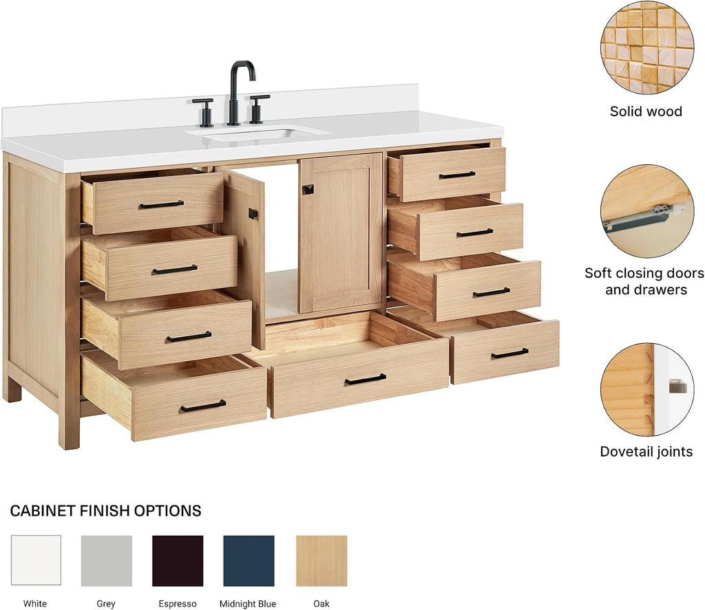 ARIEL Cambridge 66-inch Bathroom Vanity with Sink,Solid Wood, 1.5-inch Pure White Quartz Countertop, Single Rectangular Porcelain Sink, 2 Soft Closing Doors, 9 Dovetail Drawers, White Oak