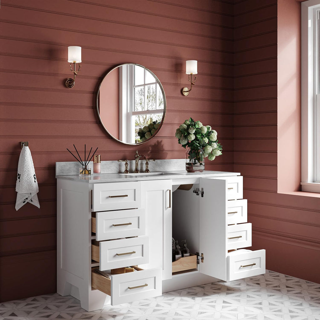 ARIEL Taylor 54-inch Bathroom Vanity with Sink,Solid Wood, 0.75-inch Italian Carrara Marble Countertop, Single Rectangular Porcelain Sink, 2 Soft Closing Doors, 9 Dovetail Drawers, White
