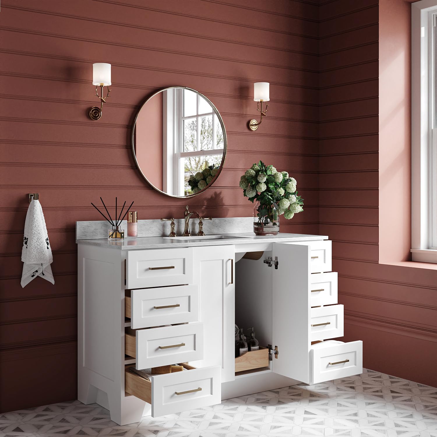 ARIEL Taylor 54-inch Bathroom Vanity with Sink,Solid Wood, 0.75-inch Italian Carrara Marble Countertop, Single Rectangular Porcelain Sink, 2 Soft Closing Doors, 9 Dovetail Drawers, White