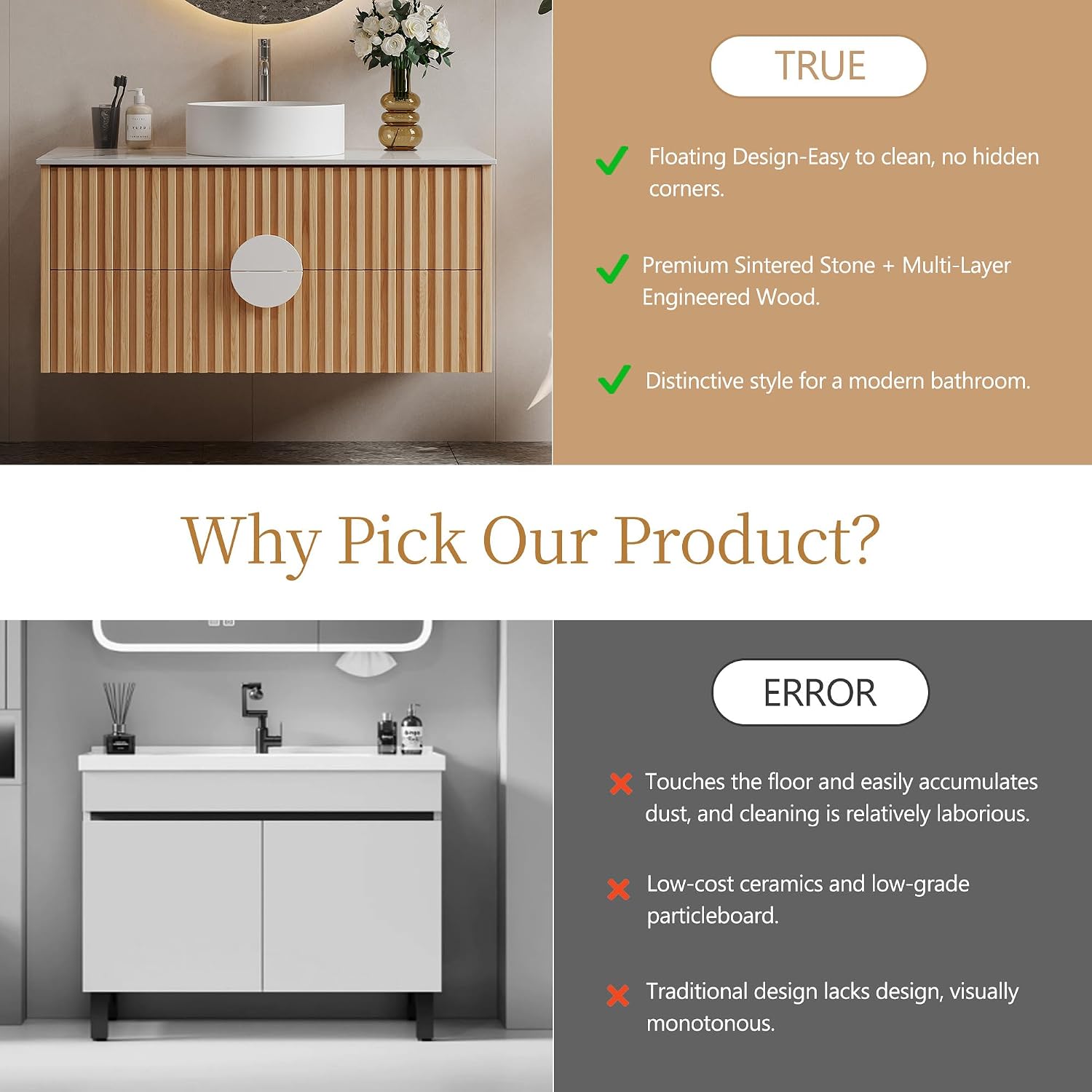 36' Floating Bathroom Vanity with Sink, Modern Wall Mounted Vanity Bathroom Storage Cabinet with Fluted Drawers, White Sintered Stone Top Ceramic Basin, Light Wood
