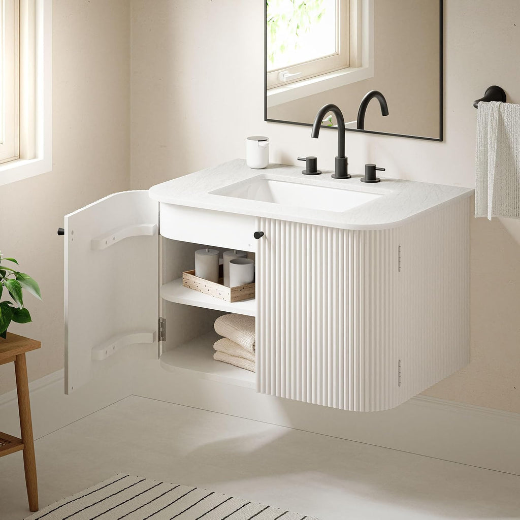 Modway Zia 30 Inch Wall-Mount Bathroom Vanity in Ivory with Marble Sink Basin - Floating Bathroom Cabinet with Fluted Design