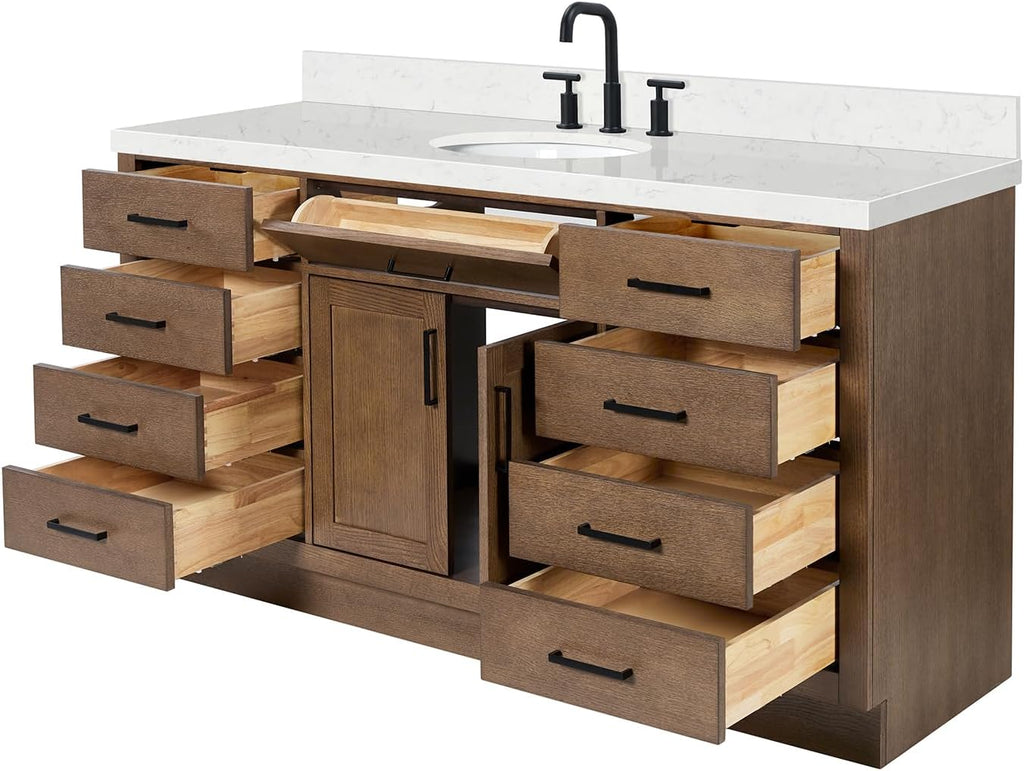 ARIEL Hepburn 66-inch Bathroom Vanity with Sink,Solid Wood, 1.5-inch Carrara White Quartz Countertop & Backsplash, Single Oval Porcelain Sink, 2 Soft Closing Doors, 9 Dovetail Drawers, Brown Oak
