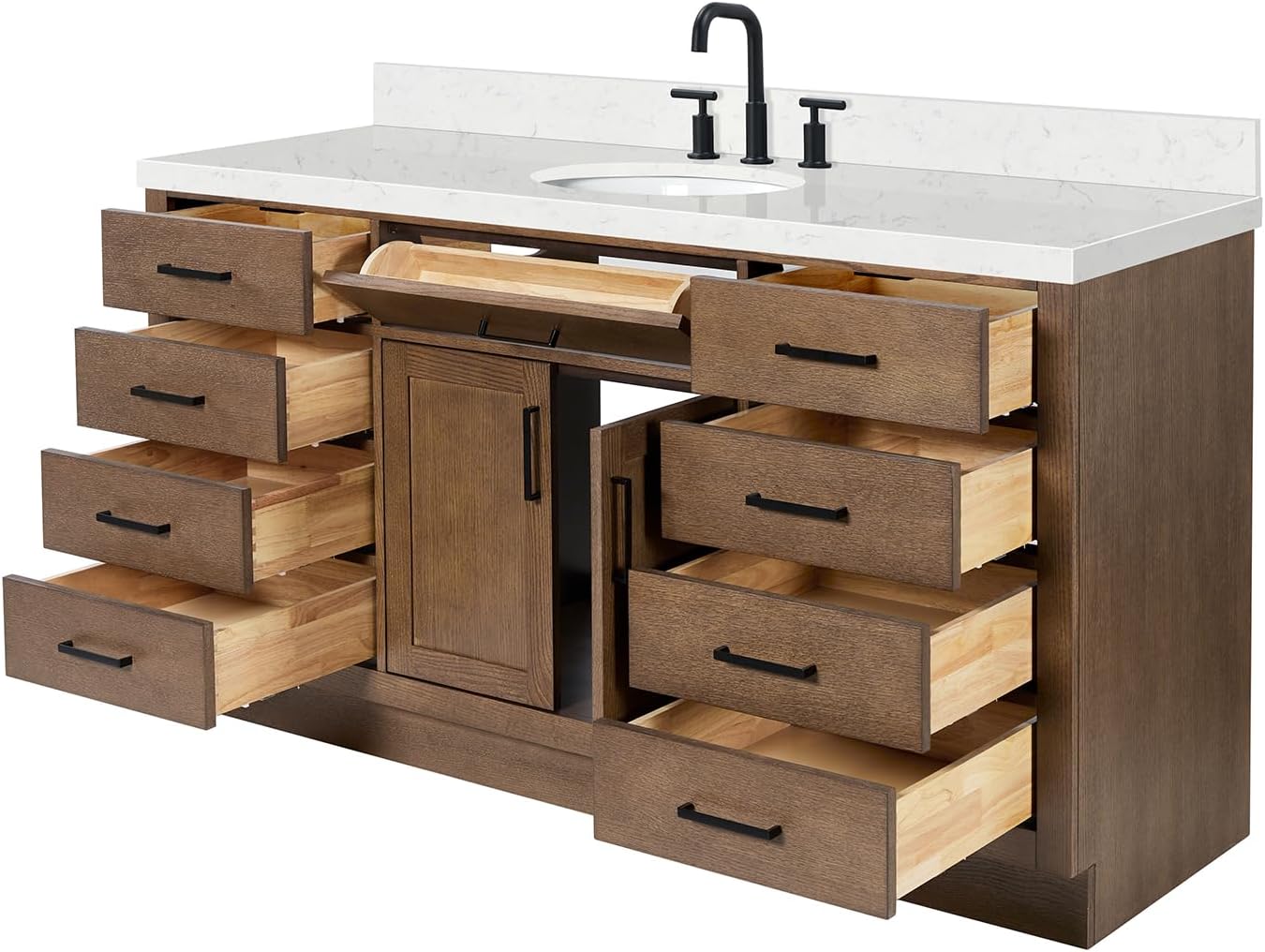 ARIEL Hepburn 66-inch Bathroom Vanity with Sink,Solid Wood, 1.5-inch Carrara White Quartz Countertop & Backsplash, Single Oval Porcelain Sink, 2 Soft Closing Doors, 9 Dovetail Drawers, Brown Oak
