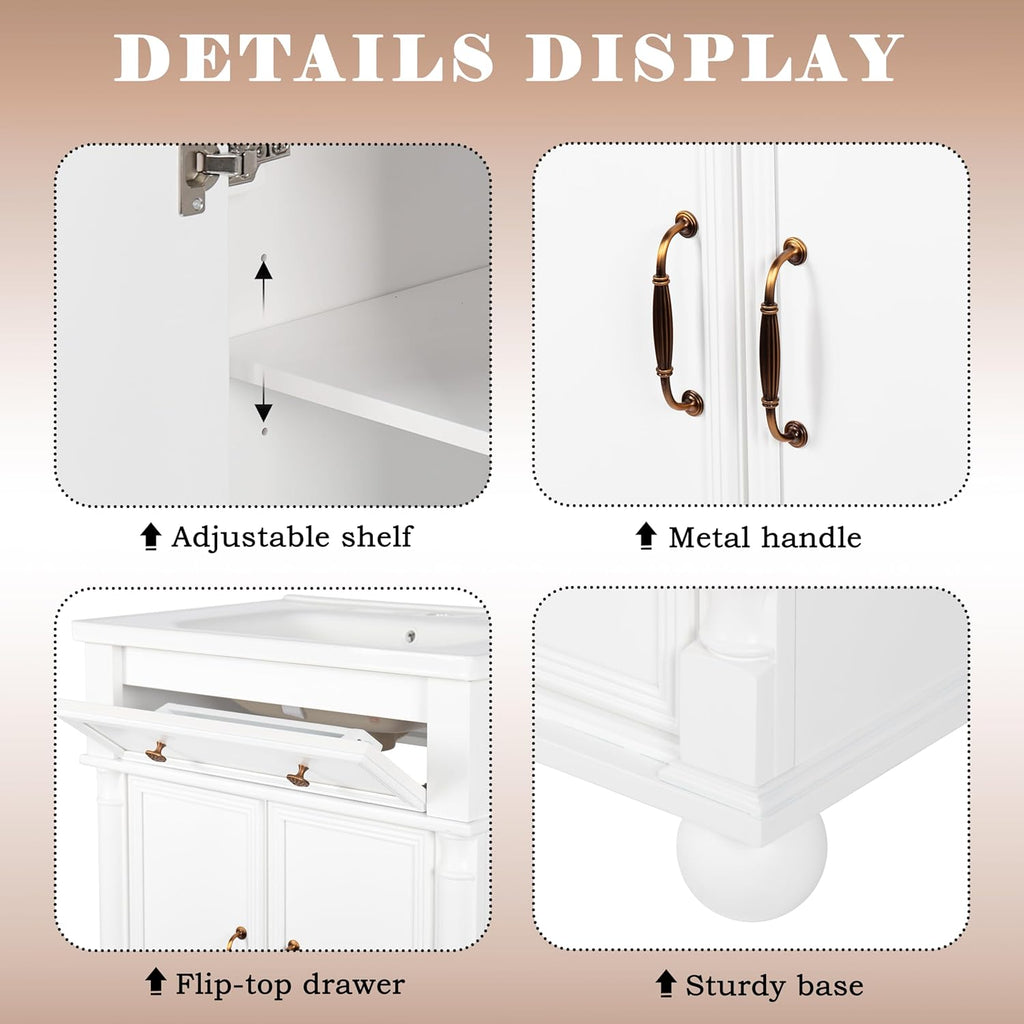 28 inch Bathroom Vanity with Sink, Modern Freestanding Bathroom Vanity Cabinet with Ceramic Sink, Flip Top Drawer, 2 Soft Closing Doors, Adjustable Shelf, Metal Handles, Round Column Base, White