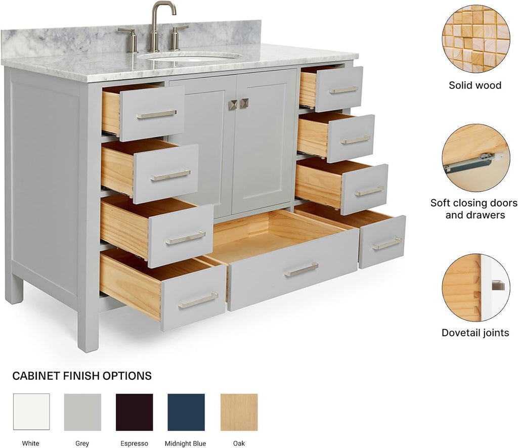 ARIEL Cambridge 48-inch Bathroom Vanity with Sink,Solid Wood, 0.75-inch Italian Carrara Marble Countertop & Backsplash, Single Oval Porcelain Sink, 2 Soft Closing Doors, 9 Dovetail Drawers, Grey