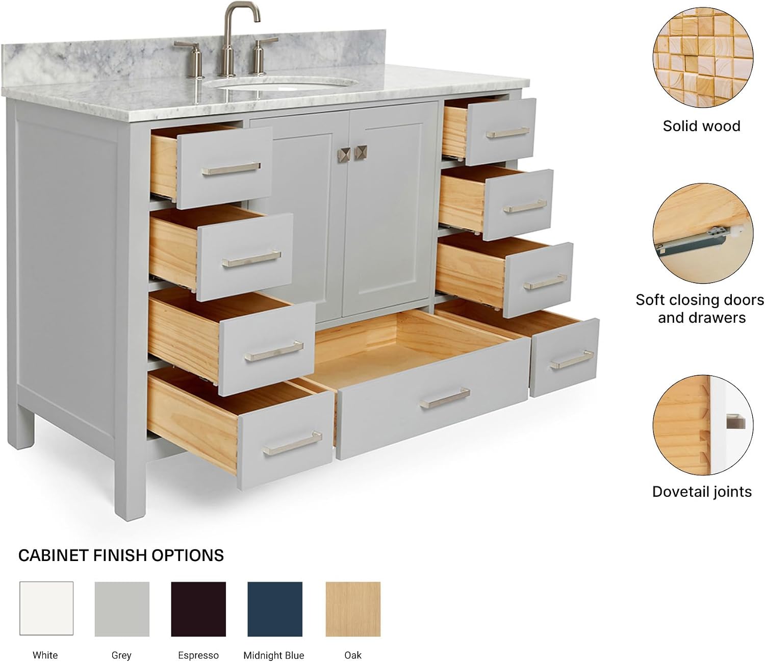 ARIEL Cambridge 48-inch Bathroom Vanity with Sink,Solid Wood, 0.75-inch Italian Carrara Marble Countertop & Backsplash, Single Oval Porcelain Sink, 2 Soft Closing Doors, 9 Dovetail Drawers, Grey