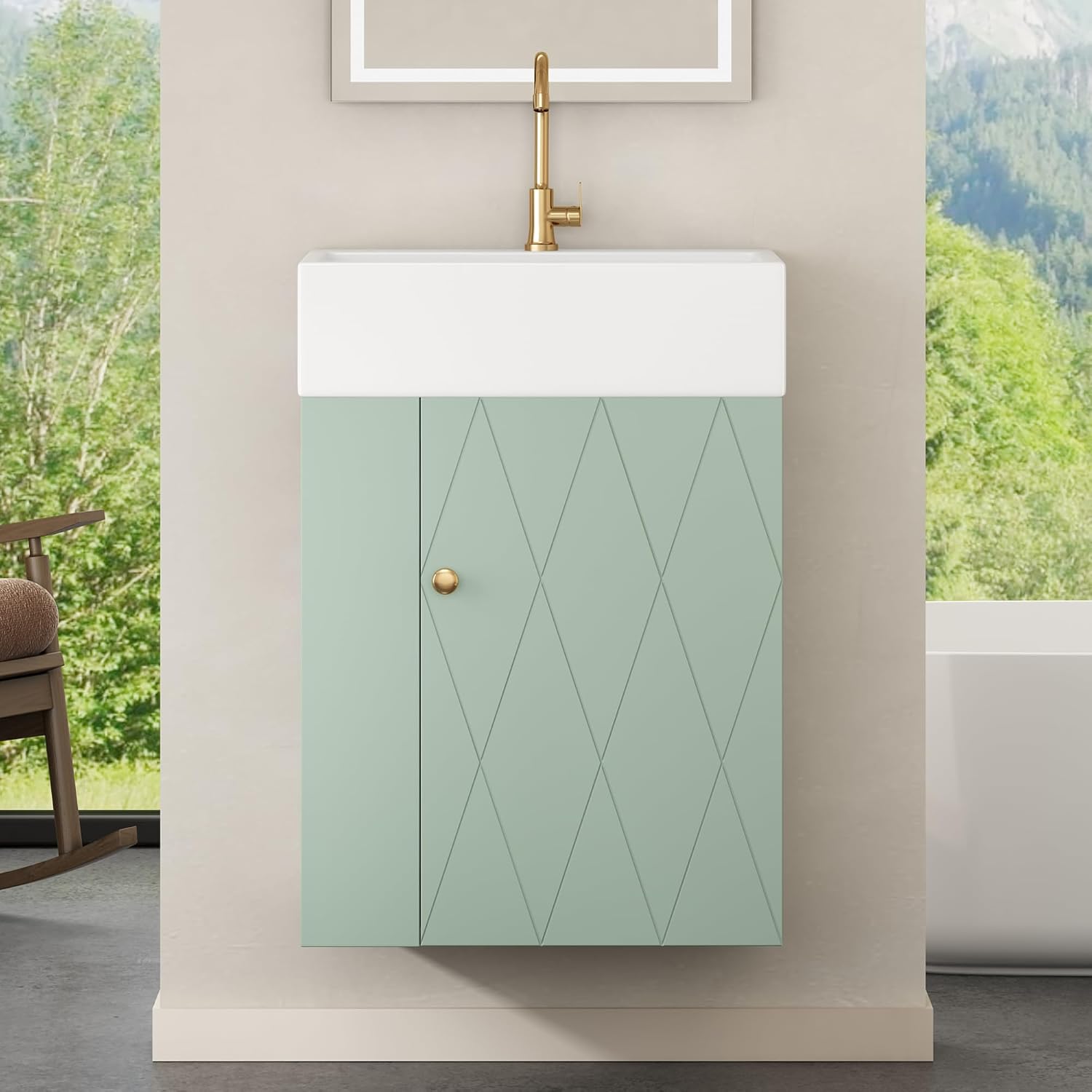 20' Floationg Wall-Mounted Bathroom Vanity with Ceramic Sink, Adjustable Shelf, Toilet Paper Holder, Modern Style, Door with Diamond Design, Green